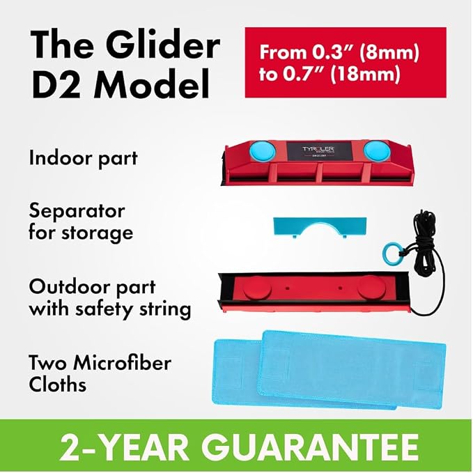 Tyroler Bright Tools The Glider D-2 Magnetic Window Cleaner for Double Glazed Windows. Fit to 0.3in - 0.7in Window Thickness. Glass Cleaner | | Double Sided Outside Window Cleaner Tool Fits Windows 0.3"-0.7" Thick | Magnet Window Cleaner Tool, Magnetic...