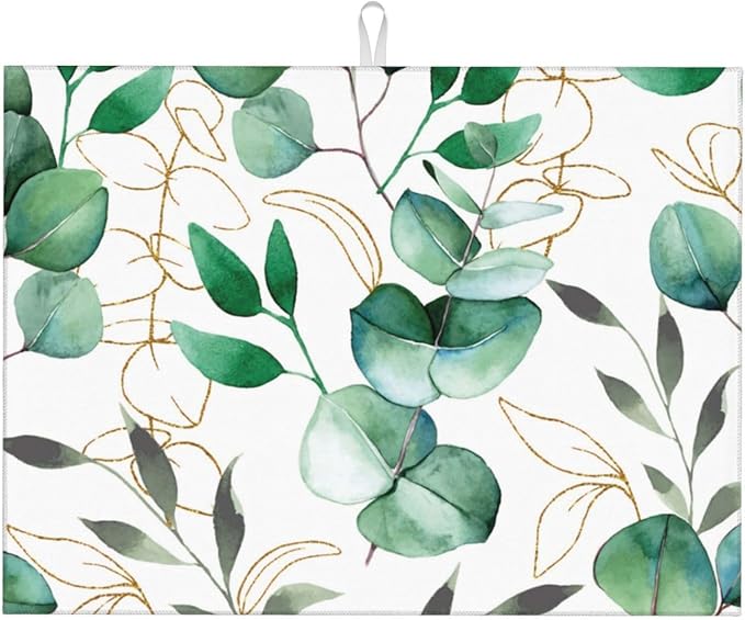 Green Leaves Dish Drying Mat For Kitchen Counter, Super Absorbent Microfiber Dish Drying Pad, Kitchen Gadgets For Easy Clean Multi-Use Large 18"x24"
