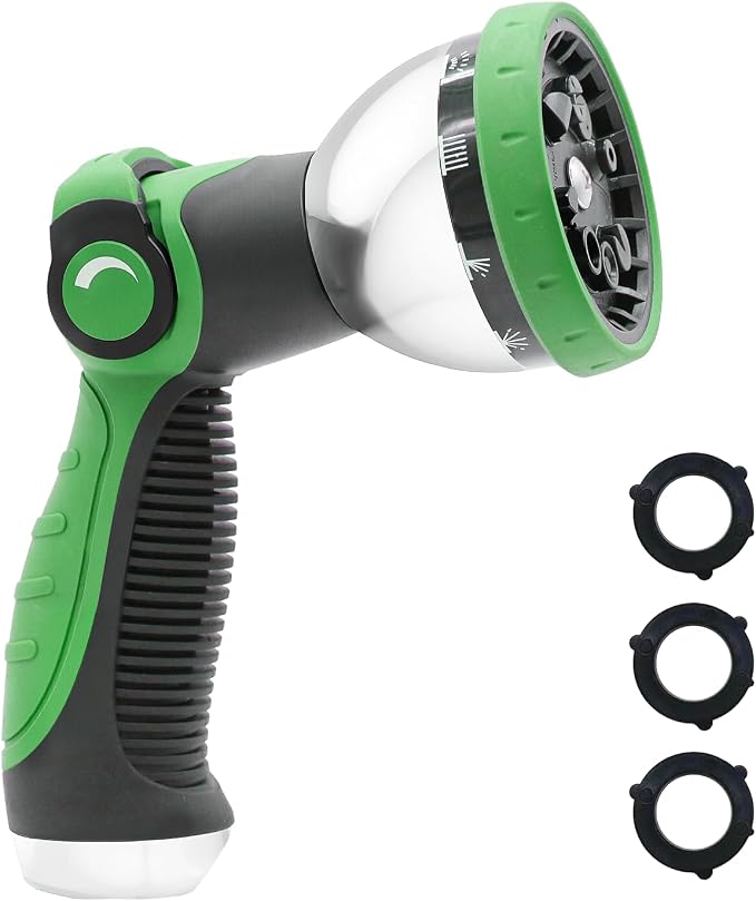 Besiter Garden Hose Nozzle, Hose Sprayer Nozzle with 10 Spray Patterns, Thumb Control On Off Valve, High Pressure Metal Water Hose Nozzle for Car Wash, Plants, Pets & Outdoor Cleaning, Green