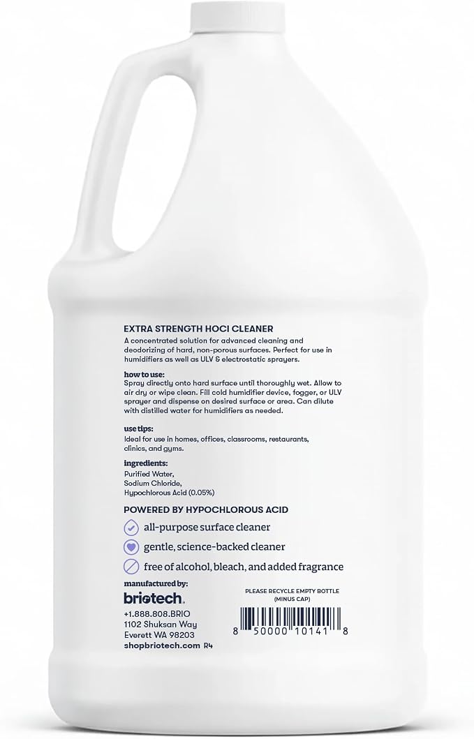 BRIOTECH Extra Strength HOCl Cleaner, 500 PPM Hypochlorous Acid Concentrate, ULV Foggers & Humidifiers, Professional Deodorizer for Dental, Offices, Schools, Homes, Peroxide Free, 1 Gallon (4 Pack)