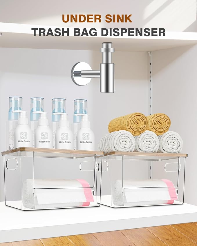 Trash Bag Dispenser 2 Pack - Under Sink Organizer, Plastic Bag Holder, Stackable Acrylic Garbage Bag Storage with Bamboo Lid for Kitchen Cabinet, 13/30/33 Gallon Grocery Bag Dispenser