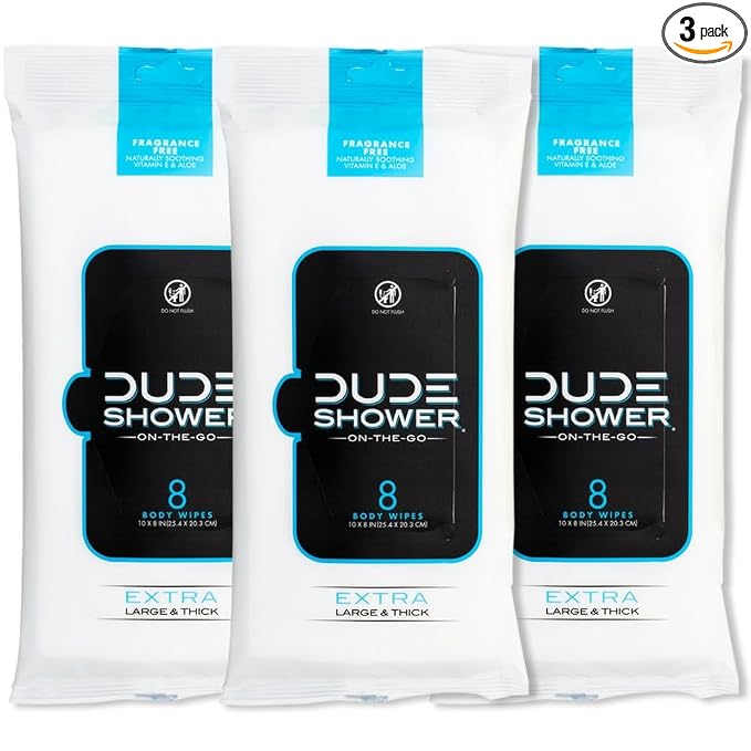 DUDE Wipes Fragrance Free On-The-Go Shower Wipes - Extra-Large and Thick Cleansing Body Wipes Ideal for Travel - 3 Packs of 8 (24 Count) - Infused with Vitamin E and Aloe