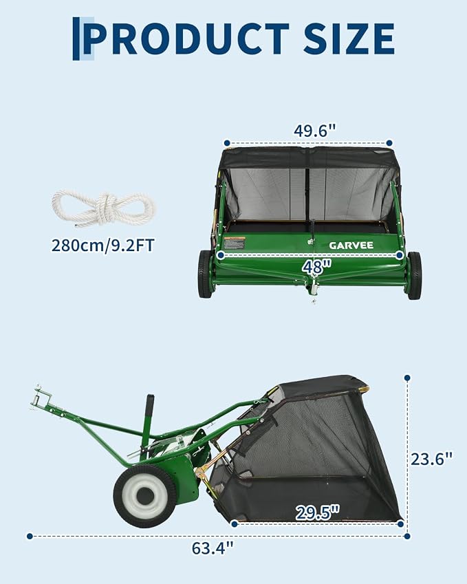 Garvee Tow Behind Lawn Sweeper 48 Inch, Heavy Duty Leaf & Grass Collector | Yard Sweeper Pull Behind,16 cu.ft. Leaf Collector,Tool-Free Adjustable Brush Height,Dumping Rope for Yard,Driveway,Sidewalk