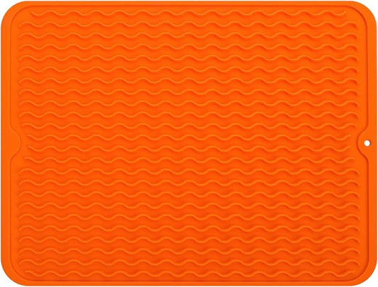 MicoYang Silicone Dish Drying Mat — Quick-Dry Ridges Counter & Sink Pad, Heat-Resistant Trivet to 450°F, Non-Slip & Dishwasher Safe, Roll-Up Storage, 18 Colors & 9 Sizes (Orange, 16"×12")