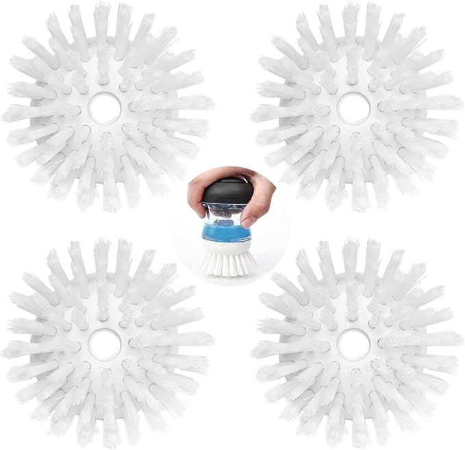 Scrub Brush 4 Pack for OXO Soap Dispenser & Dish Brush | Refill B compatible, stiff nylon bristles, white round 2.75" heads, kitchen sink brush, dish wand refill, safe for non-stick
