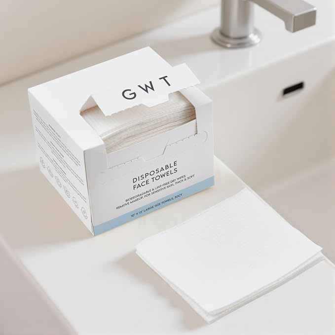GWT XL Disposable Fragrance-Free Face Towels, 50 Count, 1 Pack | Lint-free, Makeup remover & cleanser, Biodegradable, Dry Wipes, Wet or Dry Use, Sensitive Skin