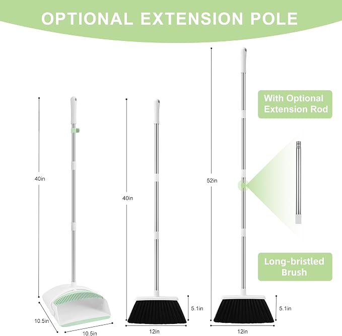 Broom with Dustpan Combo Set for Home, 52-in Long Adjustable Handle Angle Broom and Dustpan Set with Dustpan Comb Teeth for Sweeping Pet Hair Food Dirt Kitchen (White-Green)