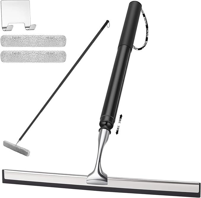 Metal Shower Squeegee with 17'' - 60'' Extension Pole for Window,Glass Door | 12'' Wide Telescopic Shower Squeegee For Tile Shower Walls Cleaner with Long Handle, Window Squeegee With Extension Pole