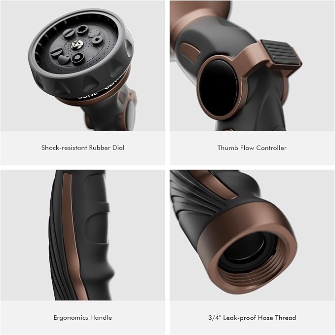 RESTMO Hose Nozzle Heavy Duty, Metal Water Hose Sprayer for Garden | 9 Spray Patterns, Leak Proof, Thumb Flow Control, On/Off Valve, Ideal for Outdoor Lawn & Plant, Car & Pet, Brown