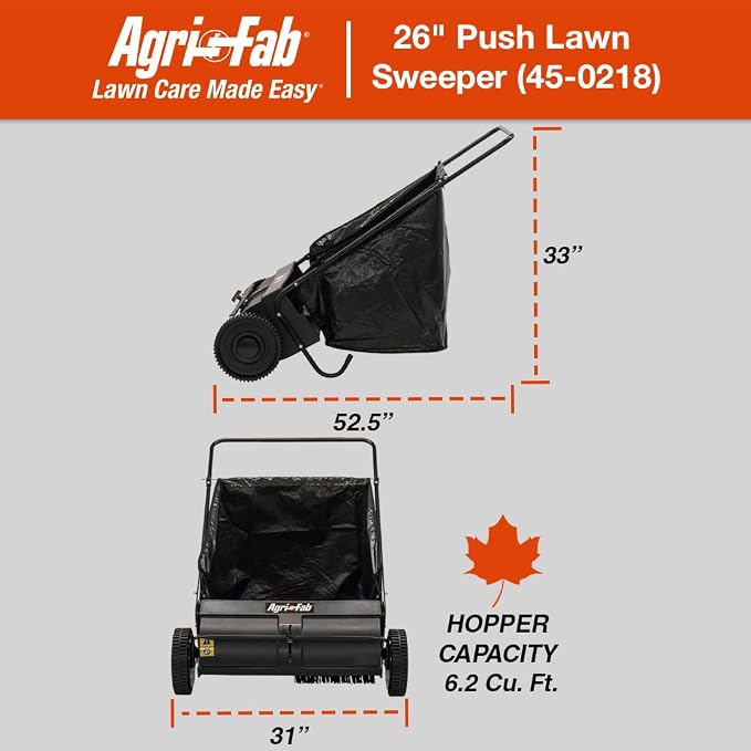Agri-Fab 26 In Push Lawn Sweeper with 7 Cu Ft Hopper Bag, Adjustable Brush Height, Leaf and Grass Catcher for Small Yards