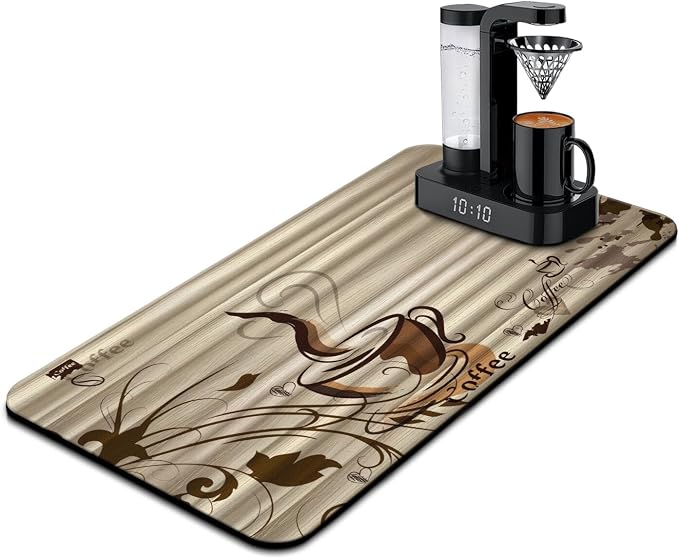 Coffee Mat 17inx31.5in, Brown, Modern Abstract Design, Absorbent, Anti-Slip, Waterproof, Fits Under Coffee Machine, Multi-Use