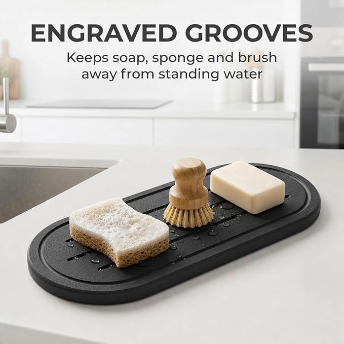 Razborci 2PCS Water Absorbing Stone Drying Tray Mat for Bathroom Sink & Kitchen Counter Faucet Organizer Decor, Quick Dry Dish Soap Dispenser Sponge Holder, Vanity Caddy Coaster,Dark Gray -10"*3.8"