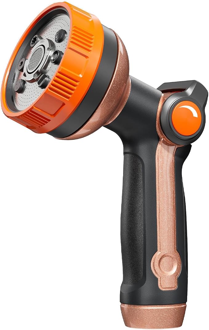 Heavy Duty Metal Hose Sprayer, 8 Patterns & Thumb Control, Orange | Rust-proof metal,8 spray patterns,Thumb-control flow,On-off valveergonomic grip,for Lawns,Plants,Cars,Pets