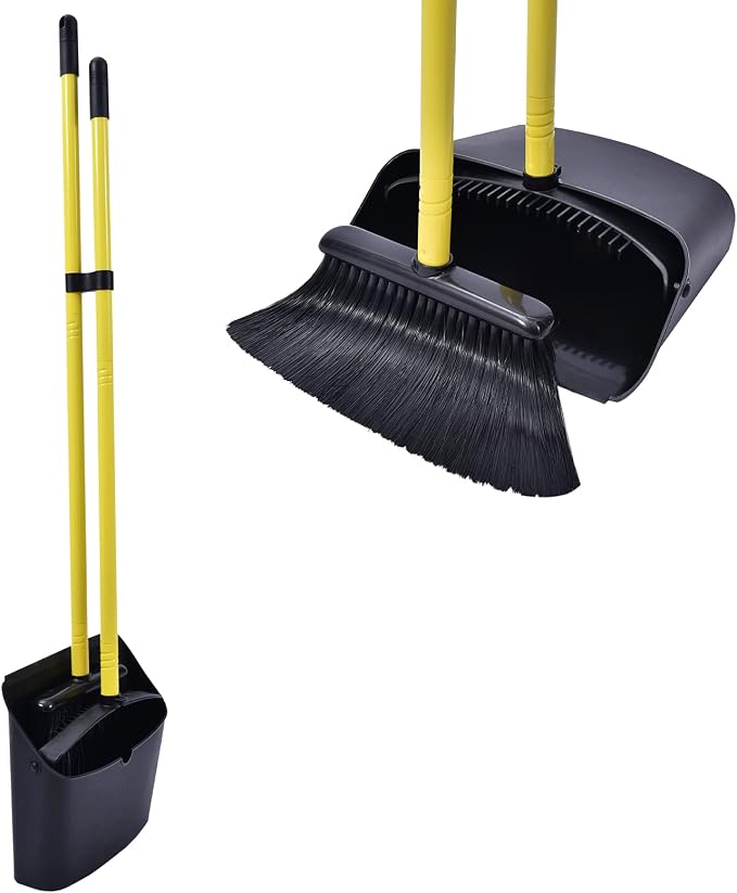 Long Handled Dustpan and Brush, Broom and Dustpan Set, Household Dust pan Combo with 54 Inch Handle for Indoor Outdoor Household Cleaning and Sweeping (Black)