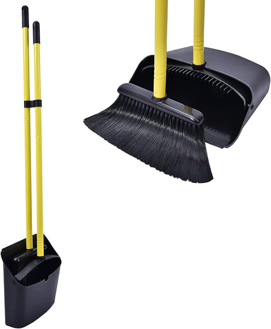 Long Handled Dustpan and Brush, Broom and Dustpan Set, Household Dust pan Combo with 54 Inch Handle for Indoor Outdoor Household Cleaning and Sweeping (Black)