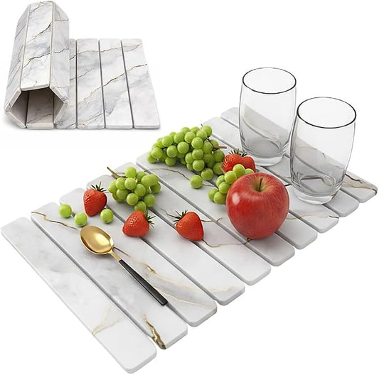 Large Stone Dish Drying Mat for Kitchen Counter, Foldable & Super Absorbent Diatomaceous Earth Drying Pad for Dishes, Cups, Bottles with Anti-Slip Mesh & Quick Dry (White Marble 24"L x 16"W)