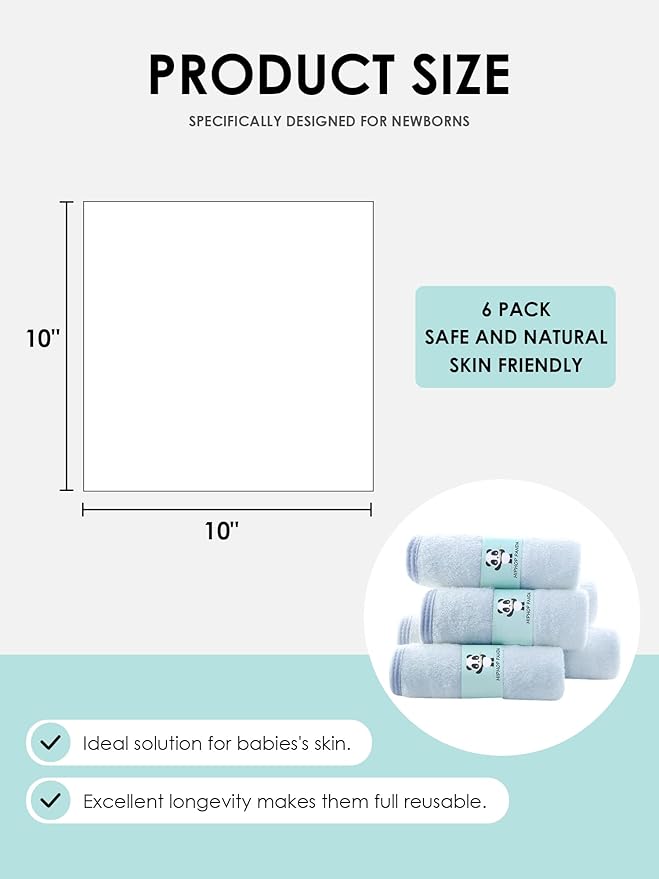 HIPHOP PANDA Baby Washcloths, Rayon Made from Bamboo - 2 Layer Ultra Soft Absorbent Newborn Bath Face Towel - Reusable Baby Wipes for Delicate Skin - Blue, 6 Pack