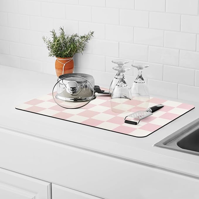 Dish Drying Mat for Kitchen Counter,12"x 19" Super Absorbent Kitchen Dish Drying Pad, Heat Resistant Drainer Mats with Non-slip Rubber Backed, Pink Checkered Coffee Bar Station Accessories