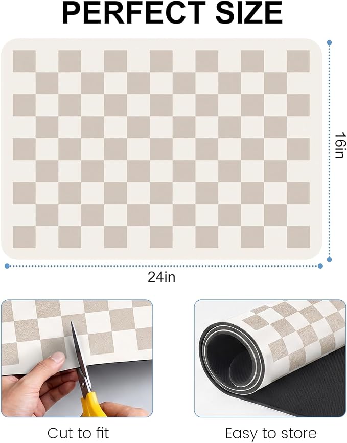 Clinuse Coffee Mats, 24"x16" Checkered Dish Drying Mat for Kitchen Counter, Quick Dry Mat, Diatomite Absorbent Aesthetic Large Drying Mats for Coffee Bar - Khaki White