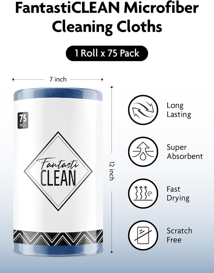 Fantasticlean Microfiber Cleaning Cloth Roll-75 Sheets, 12"x12" (Navy Blue) | Super Absorbent, Lint-free, Tear-away Microfiber Towel Roll, for All-Purpose Cleaning, Reusable Alternative to Paper Towels