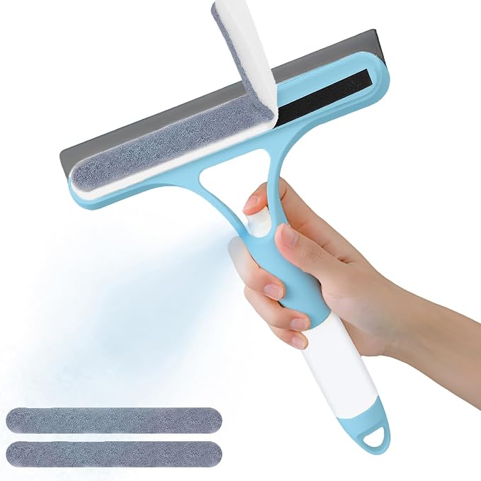 3-in-1 Spray Window Squeegee with Scraper and 2 Cotton Pads, Blue | Spray, wipe, and squeegee glass with one handheld tool; includes two replaceable cotton cleaning strips