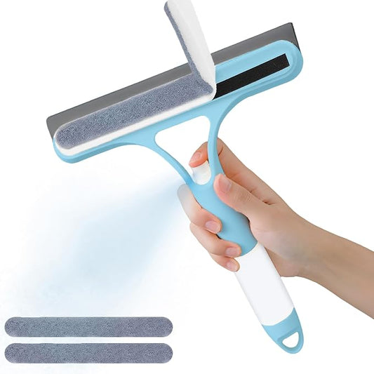 3-in-1 Spray Window Squeegee with Scraper and 2 Cotton Pads, Blue | Spray, wipe, and squeegee glass with one handheld tool; includes two replaceable cotton cleaning strips