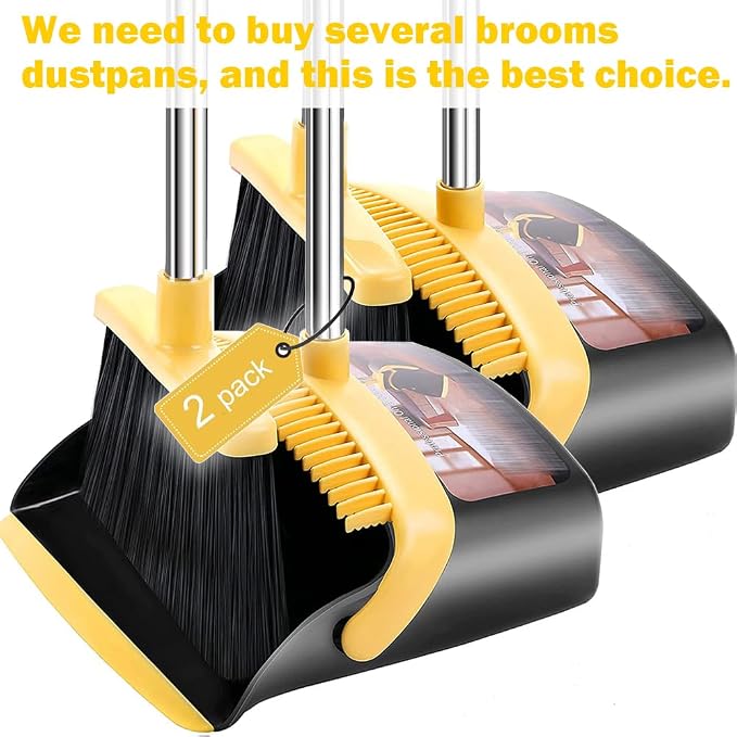 2-Pack is More economical,Brooms with Dustpan Combo Set， with 52" Long Handle, Dustpan Teeth with self-Cleaning Function, Indoor and Outdoor Sweeping, Perfect for Home Office (Large/Yellow/ 2-Pack)