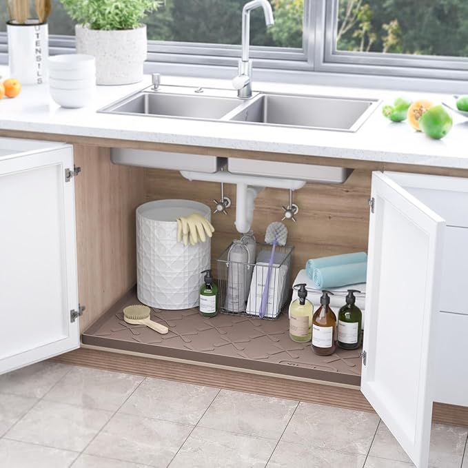 SIKADEER Waterproof Under Sink Mat 22x19, Raised Edge Silicone Mat Under Sink Shelf Liner, Sink Protector Kitchen Cabinet Tray for Bathroom Vanity and Small Cabinets, Cat Food Mat