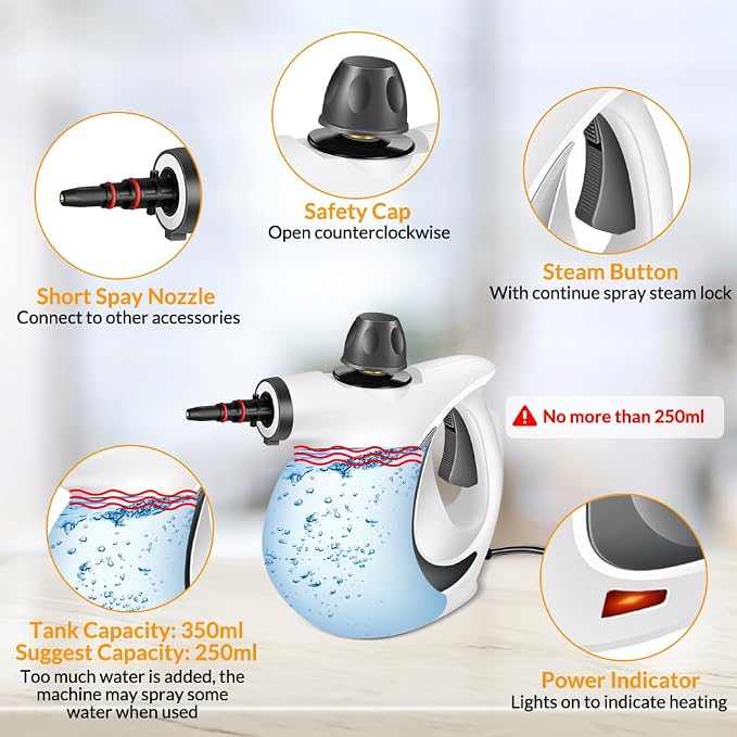 Handheld Steam Cleaner, Pressurized Hot Steam with 12 Accessories for Home | High Temperature Steam Removes Grease, Dirt and Stains from Kitchens, Bathrooms, Cars, Furniture, Tile and Grout.