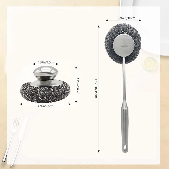 Stainless Steel Wool Scrubber Set, Long HandleBrushes for Pots, Pans, Grills & Cutlery Cleaning (3 Pack)