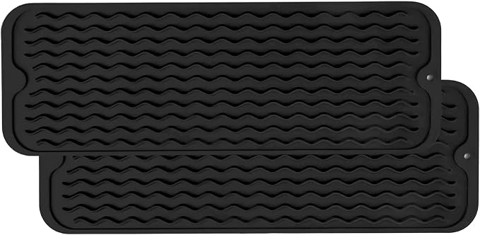 ZLR 2 Pcs Small Dish Drying Mat (6" x 17" / 153 x 433mm) - Narrow Silicone Drainer for Kitchen Counter, Apartment & RV - Compact Sponge Holder & Sink Caddy Tray, Non-Slip Food-Grade Silicone (Black)