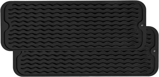ZLR 2 Pcs Small Dish Drying Mat (6" x 17" / 153 x 433mm) - Narrow Silicone Drainer for Kitchen Counter, Apartment & RV - Compact Sponge Holder & Sink Caddy Tray, Non-Slip Food-Grade Silicone (Black)