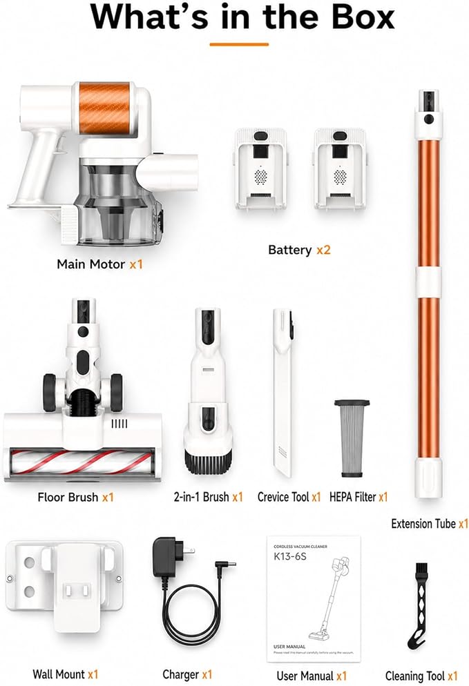 Cordless Stick Vacuum Cleaner, 2 Batteries 110 Mins for Home, Pet Hair | 600W 50KPA Powerful, Self-Standing, Tangle-Free Brush, LED Display, Vacuum Cleaner for Hardwood Floor, Carpet