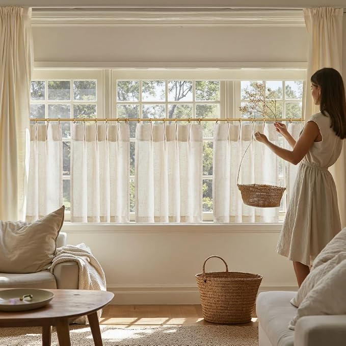 jinchan Linen Pinch Pleated Back Tab Tier Curtains,26x24,2 Panels,Natural | Light filtering,small window treatment,cafe curtains,machine washable,farmhouse,kitchen,bathrooms,laundry