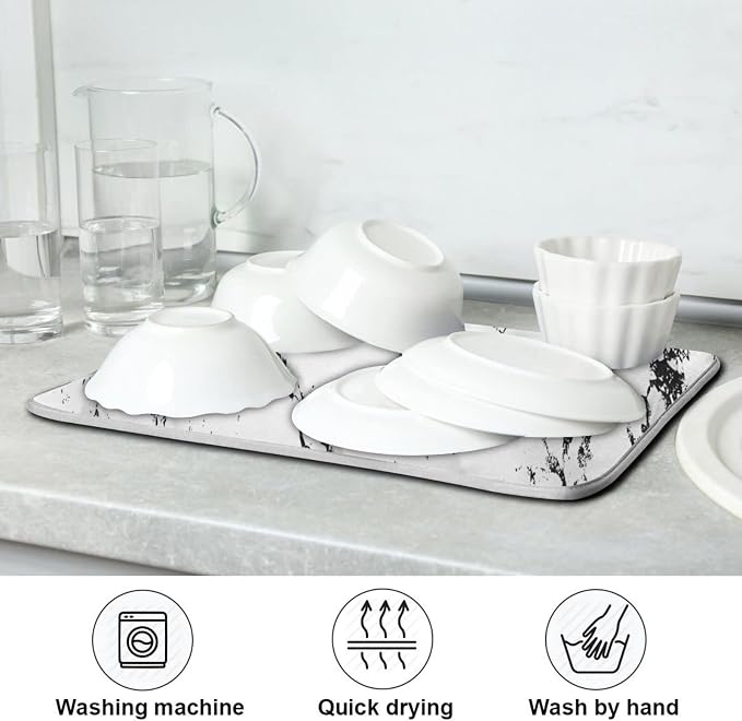 Super Absorbent Dish Drying Mat, Microfiber Fast-Drying Dish Mat, 24" x 18", Kitchen Dish Drying Pad, White Marble