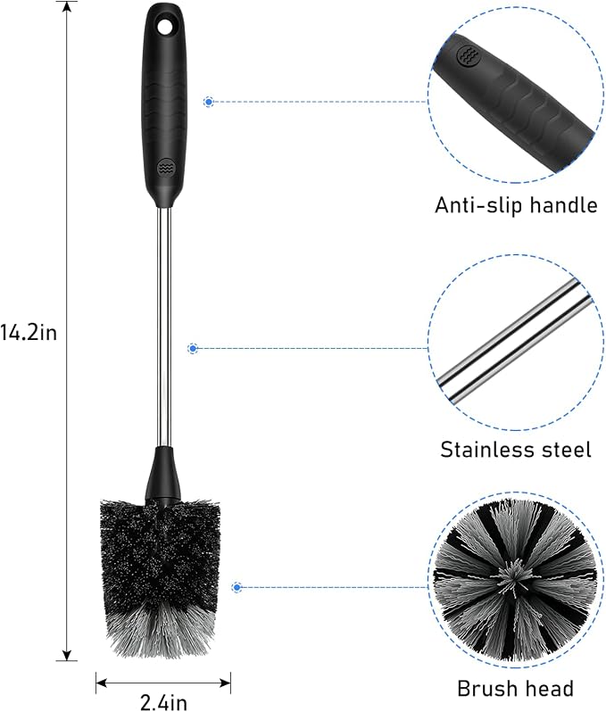 SetSail Bottle Brush of 3 Pack, 14-in Long Stainless Steel Handle Water Bottle Cleaner Brush Non-Slip Grip Bottle Brushes for Cleaning Water Bottles Sport Bottles Coffee Mugs Glasswares Cups, Black