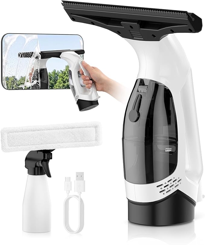 Window Vacuum Squeegee Cordless, 3-in-1 Electric Window Cleaner Tool with Spray & Microfiber Pad, Streak-Free 2200Pa Suction for Glass, Shower Doors, Mirrors, Tiles and Car Windows