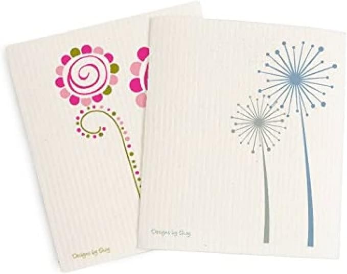 Skoy Cloth Eco-Friendly & Reusable Swedish Dishcloth, for Kitchen & Household Use, Plastic-Free Packaging, Dishwasher Safe, Designer Series – Whimsey/Carefree, White Cloth - 2-Pack