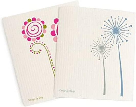 Skoy Cloth Eco-Friendly & Reusable Swedish Dishcloth, for Kitchen & Household Use, Plastic-Free Packaging, Dishwasher Safe, Designer Series – Whimsey/Carefree, White Cloth - 2-Pack