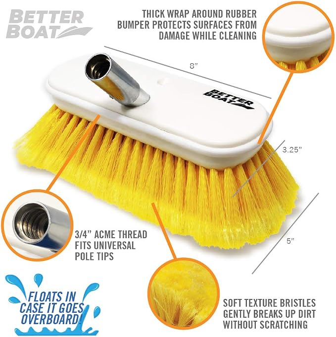 Soft Boat Deck Brush, Heavy-Duty Marine Brush Head, 8" Bristle with Bumper, 3/4" Thread Handle, for RV, Truck, and Auto Cleaning