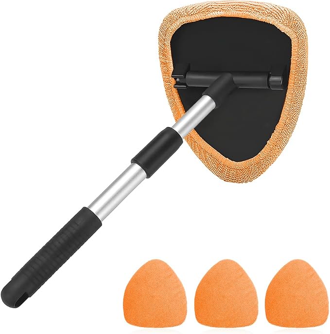 Extendable Car Windshield Cleaning Tool with Microfiber Pads, Orange | reusable glass-wiper design, interior and exterior window use, fits most cars, SUVs, and trucks, automotive cleaning tools