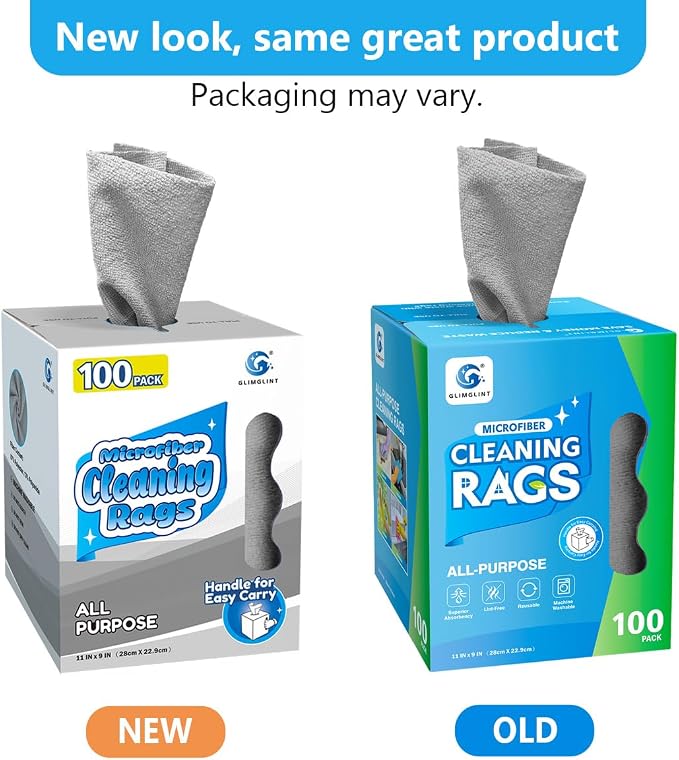GLIMGLINT Microfiber Cleaning Cloth, 100 Pack Cleaning Rags, Lint-Free, Ultra Absorbent Reusable Paper Towels for Home, Kitchen, Car, Garage or Shop, Microfiber Rags, 11" x 9", Grey