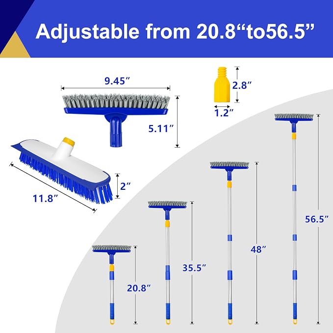 12" Wide Floor Scrub and Grout Brush Set With Long Extendable Handle - Stiff Bristle Heavy Duty Cleaner for Tile, Deck, Garage, Kitchen, Bathroom