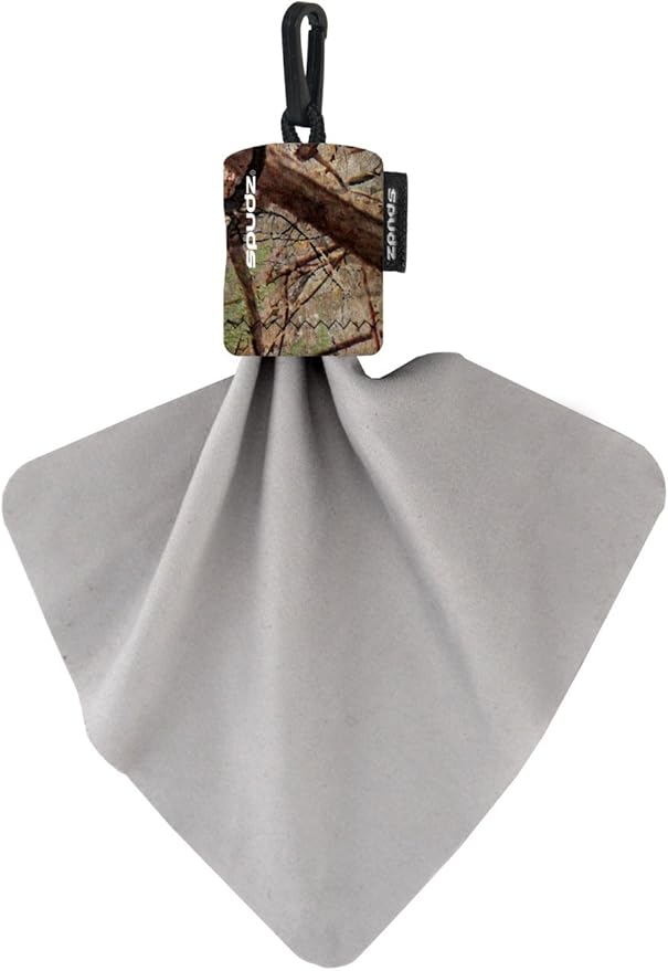 SPUDZ Classic Microfiber Lens Cleaner – Clip-On Pouch, Washable – for Binoculars, Scopes, Glasses, Screens | Classic | Camo, 10 x 10 Inch