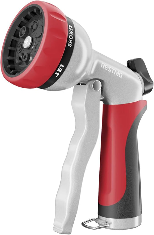 RESTMO Garden Hose Nozzle, Heavy Duty Metal Water Hose Nozzle with 7 Adjustable Spray Patterns, High Pressure Hand Sprayer with Flow Control, Best for Watering Plants & Lawns, Washing Cars & Pets, Red