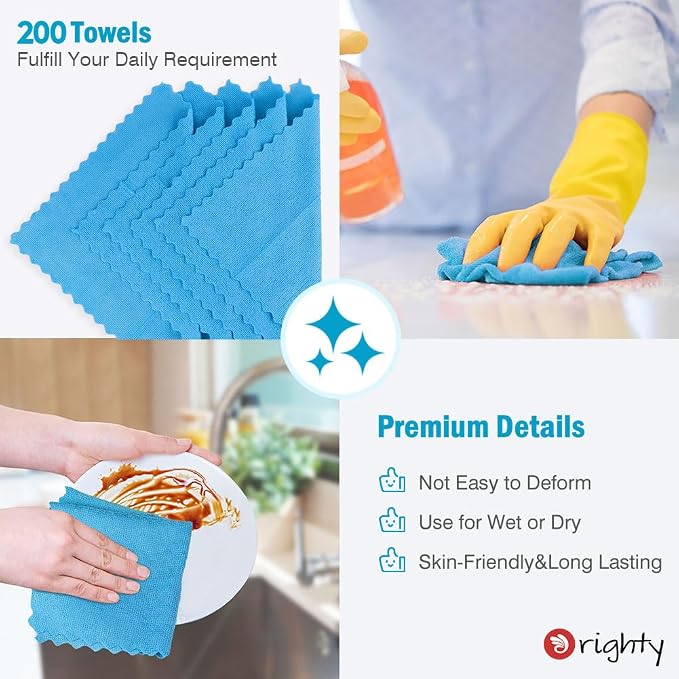 Orighty Microfiber Cleaning Cloth, 200 Pack Microfiber Towels for Cars, Multi-Purpose Shop Towels Cleaning Rags Bulk for Car, Home, Kitchen, 11.5’’ x 11.5’’, Blue