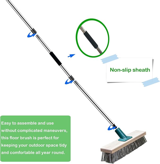 Stainless Steel Wire Brush with Long Handle Deck Broom Brush Floor Scrubber Brush for Cleaning Outdoor Broom for Moss, Tough Stains on Concrete, Grout, Garden, Garage, Patio, Swimming Pool
