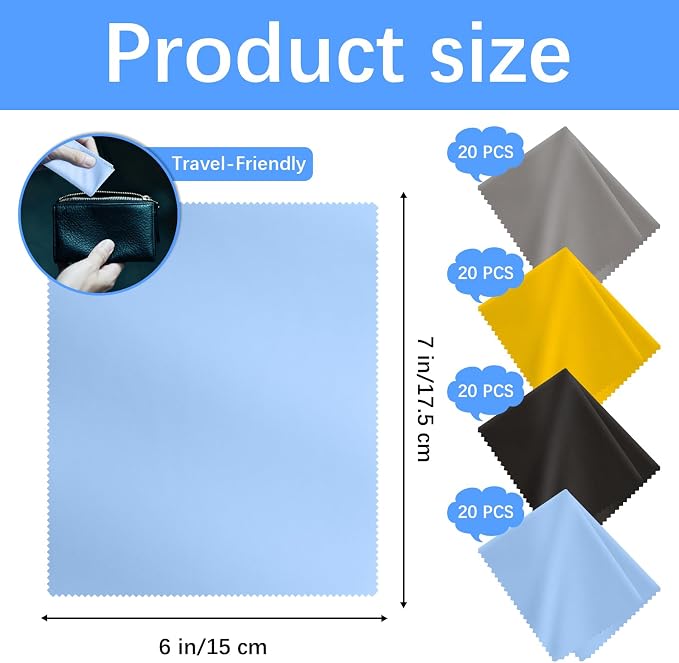 80 Pack Microfiber Cleaning Cloth for Glasses, Multi-Color Eye Glasses Cleaning Cloth Bulk 6"x7" Microfiber Cleaner Lens Cloths for Eyeglasses, Camera Lenses, TV Screens, Cell Phones and Laptops