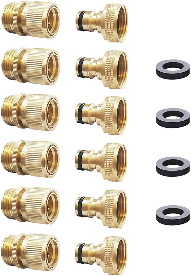 HQMPC Garden Hose Quick Connect Solid Brass Quick Connector 3/4 inch GHT (6 Sets)