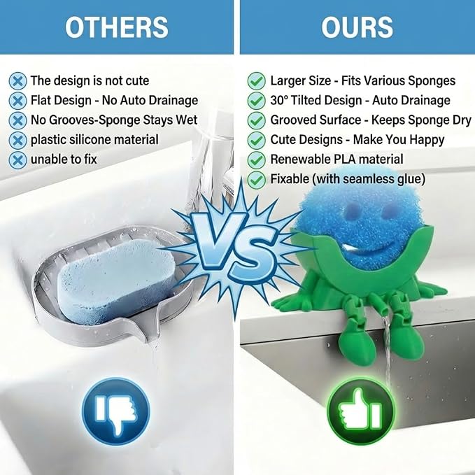 Creative Drainage Sponge Holder: Traceless Glue, 3D Printed Funny Kitchen Sink Holder, Keeps Sponge Dry – for Scrub Daddy (1, Green)
